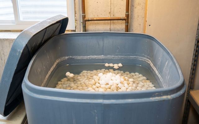 brine tank interior showing water risen above the salt pellets inside