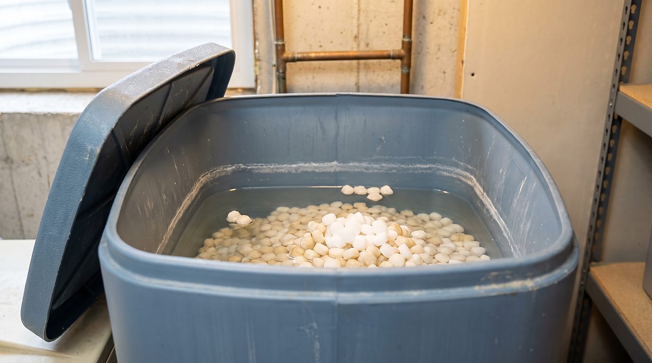 brine tank interior showing water risen above the salt pellets inside