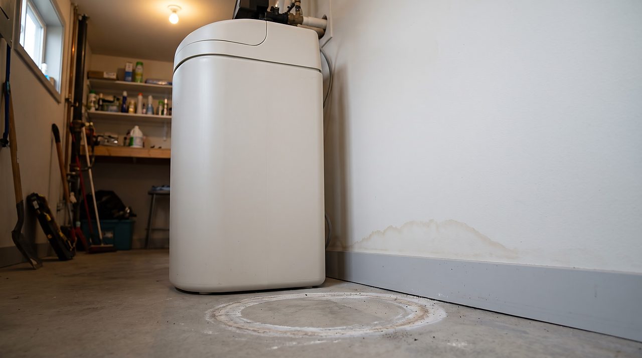 water staining on a closet wall behind a cabinet softener showing an unnoticed slow leak