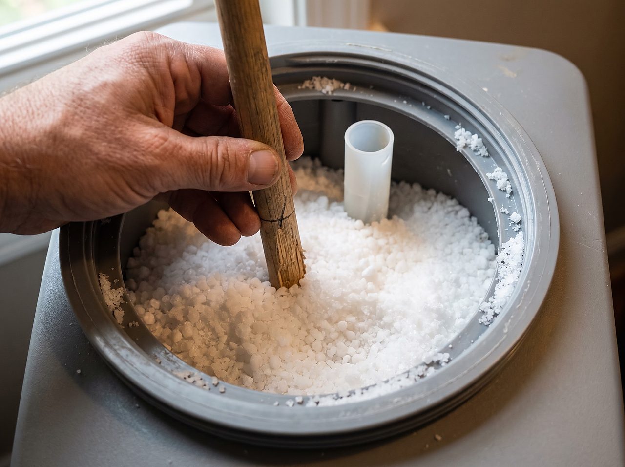 checking for a salt bridge inside a narrow cabinet softener brinewell with a broom handle