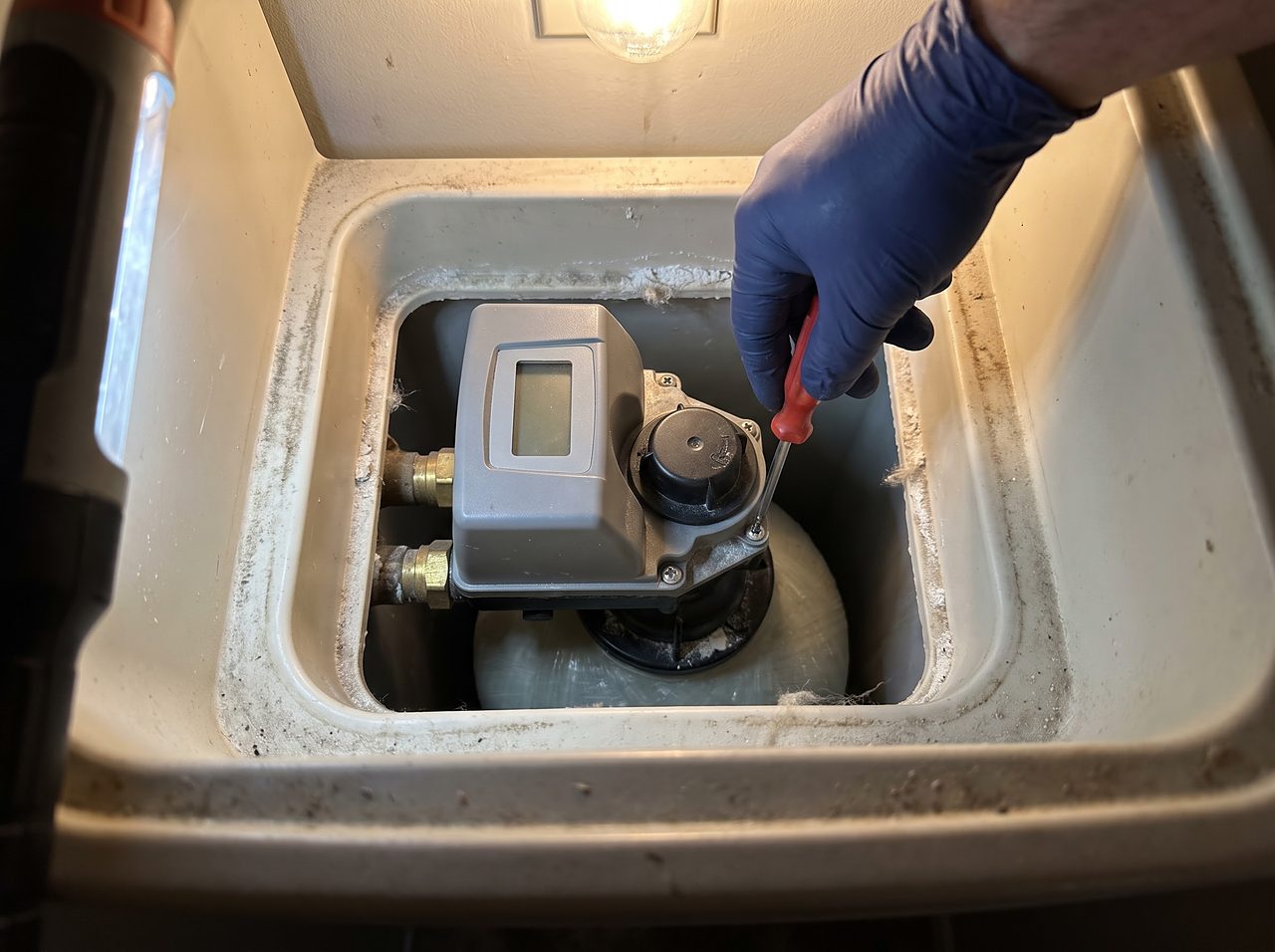 gloved hand working on a control valve set tightly inside a cabinet softener opening