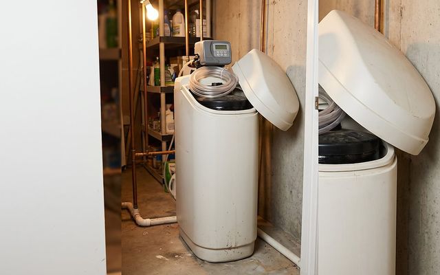 cabinet-style water softener with its top cover lifted to show the nested resin tank inside