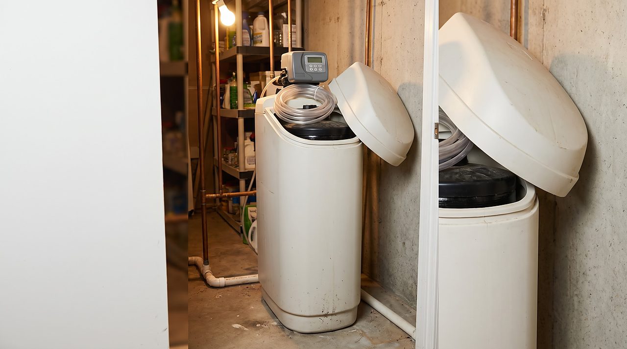 cabinet-style water softener with its top cover lifted to show the nested resin tank inside