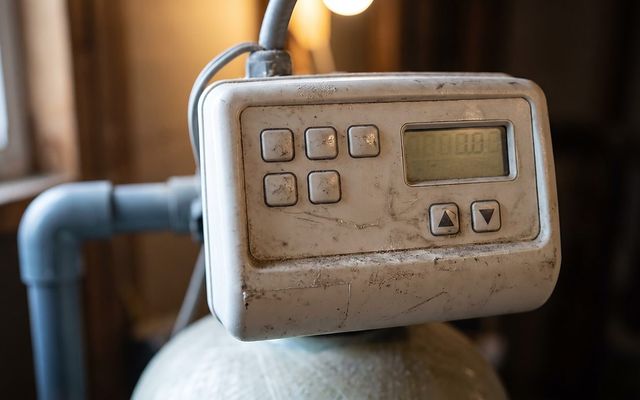 close-up of a digital water softener control panel with buttons and display