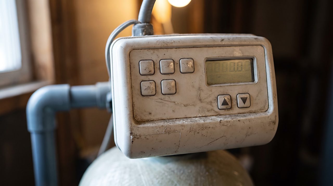 close-up of a digital water softener control panel with buttons and display