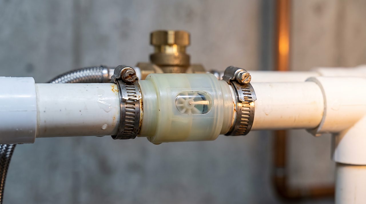 inline water flow meter fitting on pipework feeding a softener valve