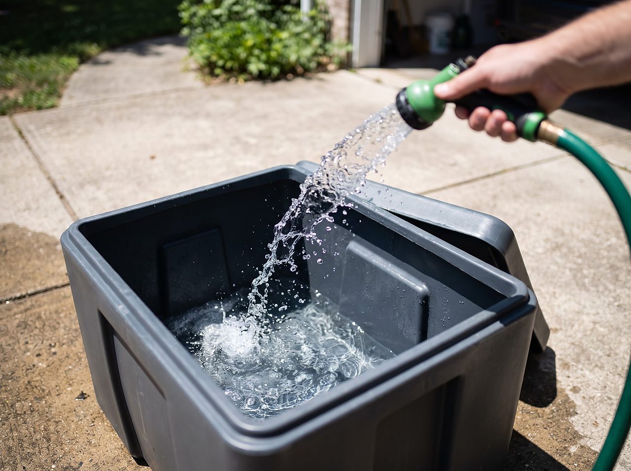 garden hose rinsing a freshly scrubbed, clean brine tank on a driveway