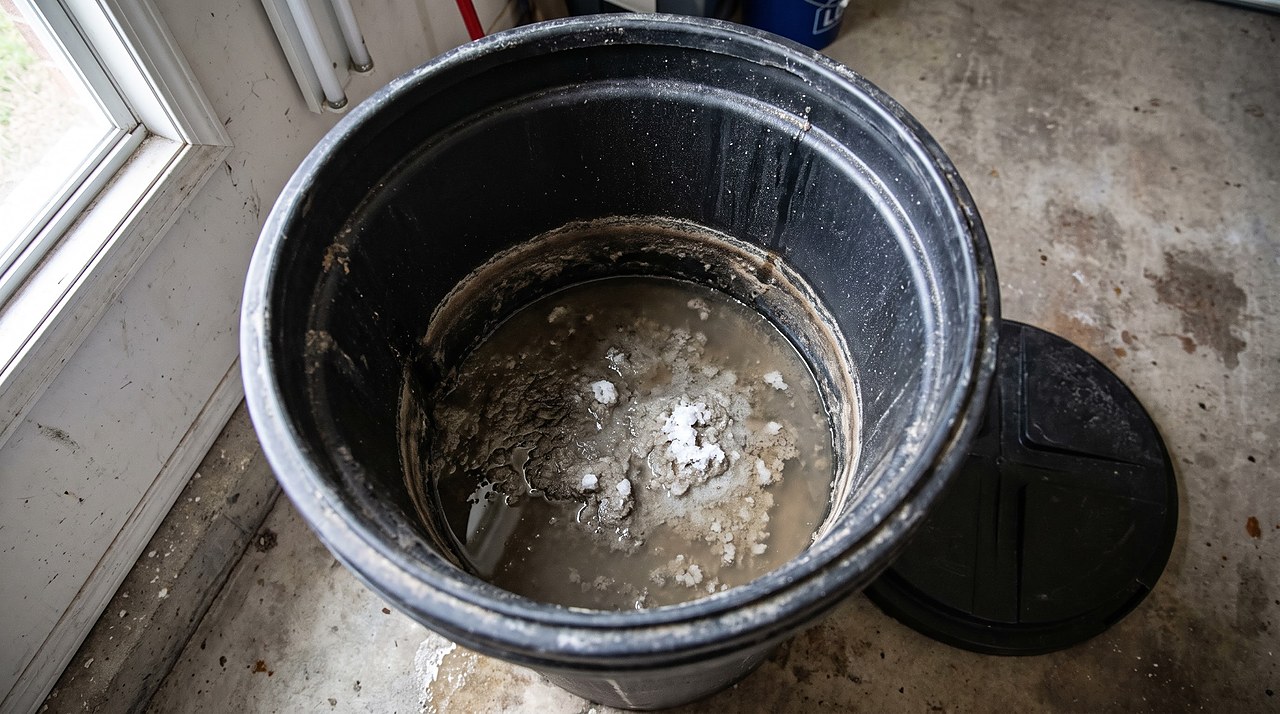 dirty sludge and standing water inside an open brine tank before cleaning