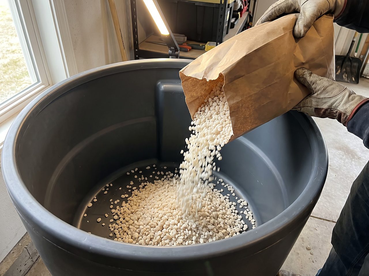 pouring water softener salt pellets into a freshly cleaned brine tank