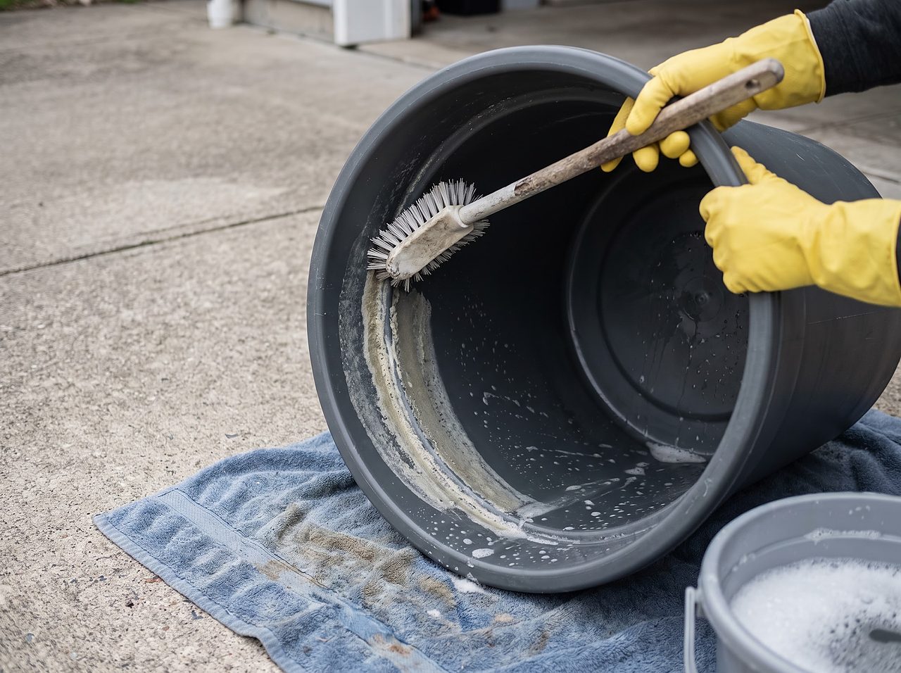 gloved hands scrubbing the inside of an empty brine tank with a brush