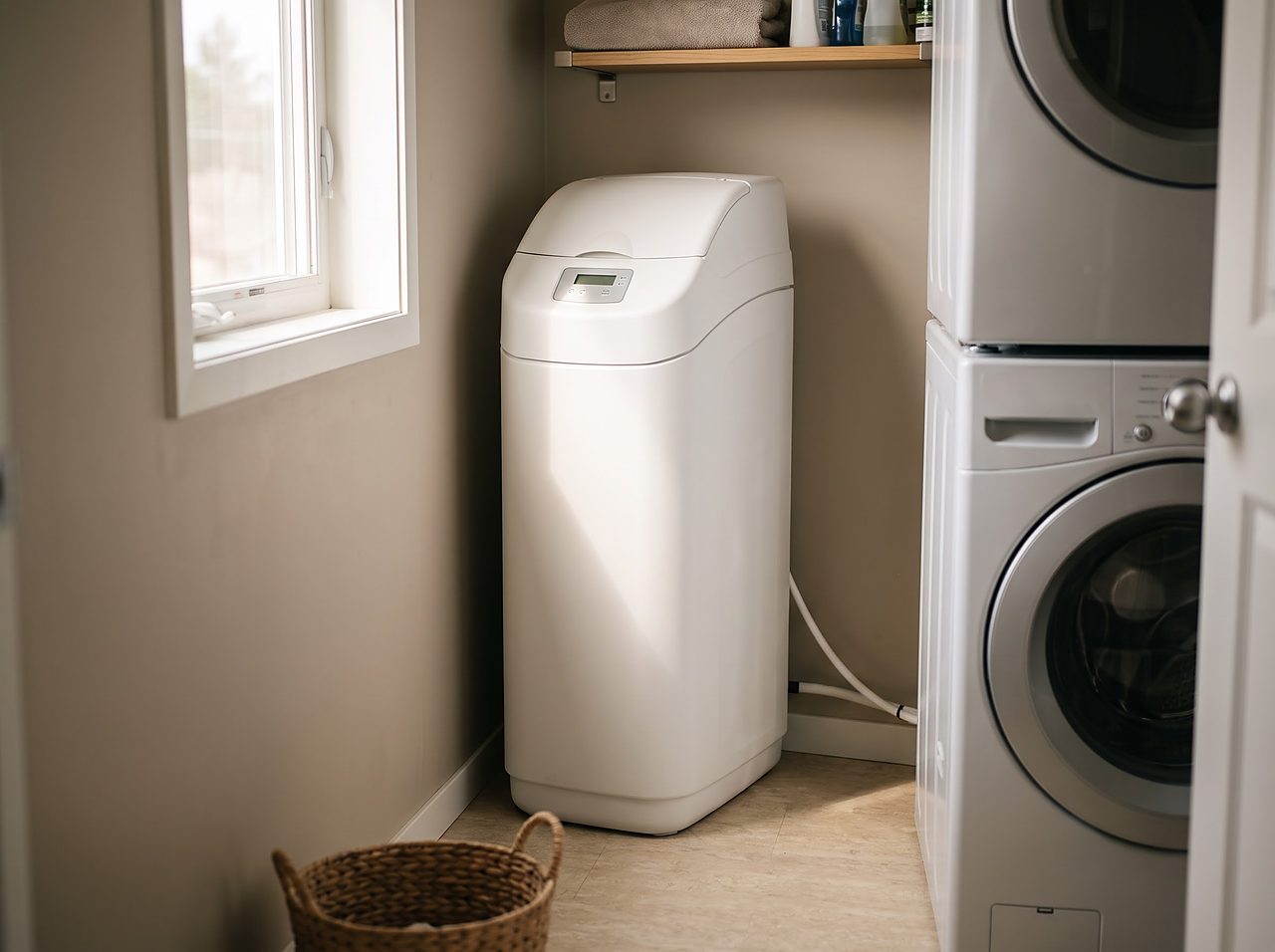 all-in-one cabinet water softener standing in a narrow condo laundry nook