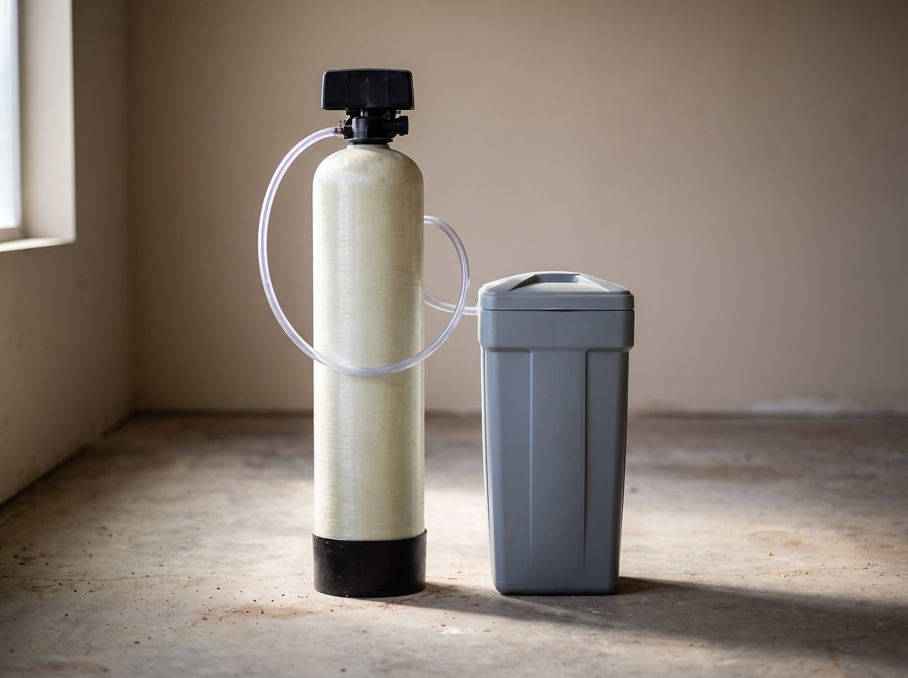 narrow resin tank and separate brine tank shown together on a small floor footprint