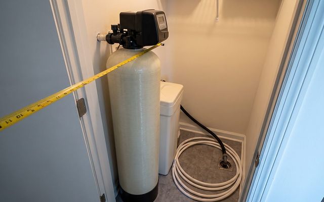 narrow water conditioning tank and separate salt tank fitted into a shallow utility closet