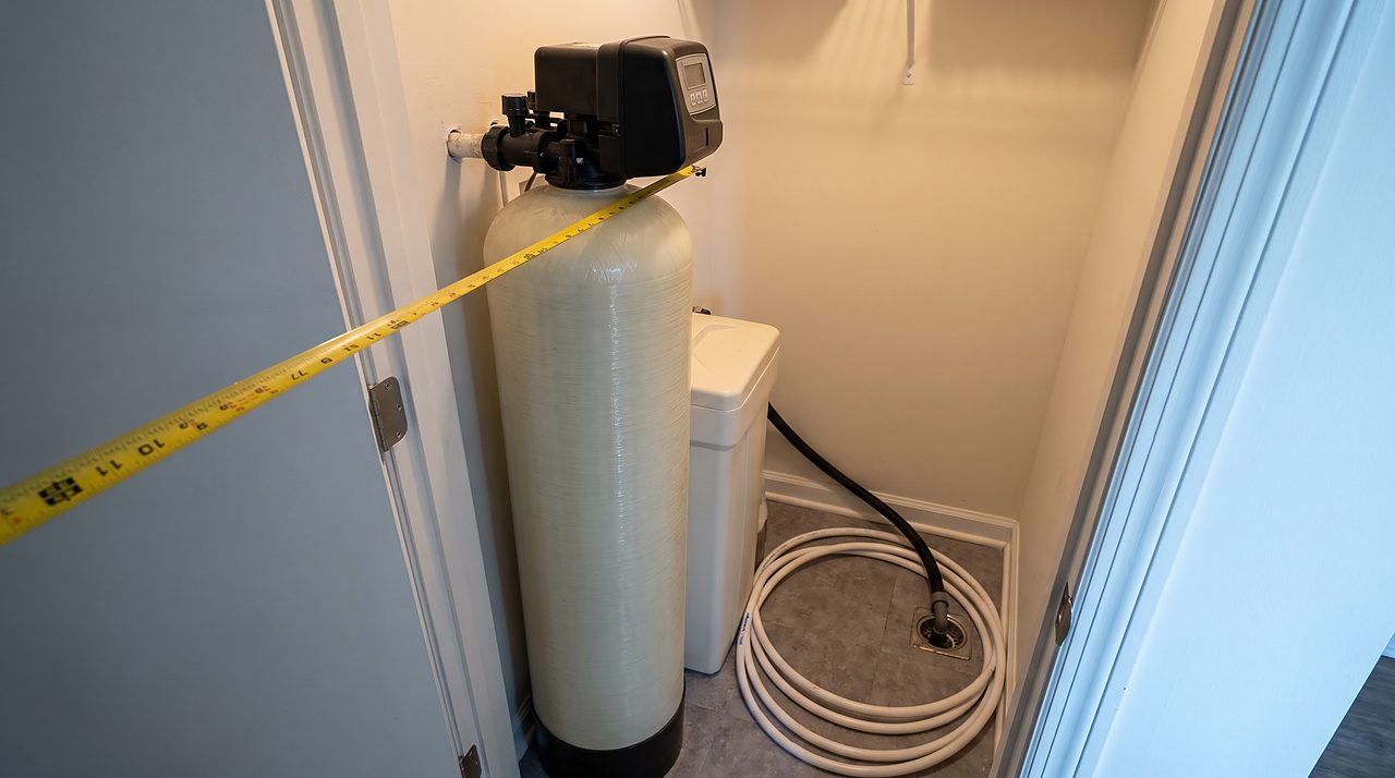 narrow water conditioning tank and separate salt tank fitted into a shallow utility closet