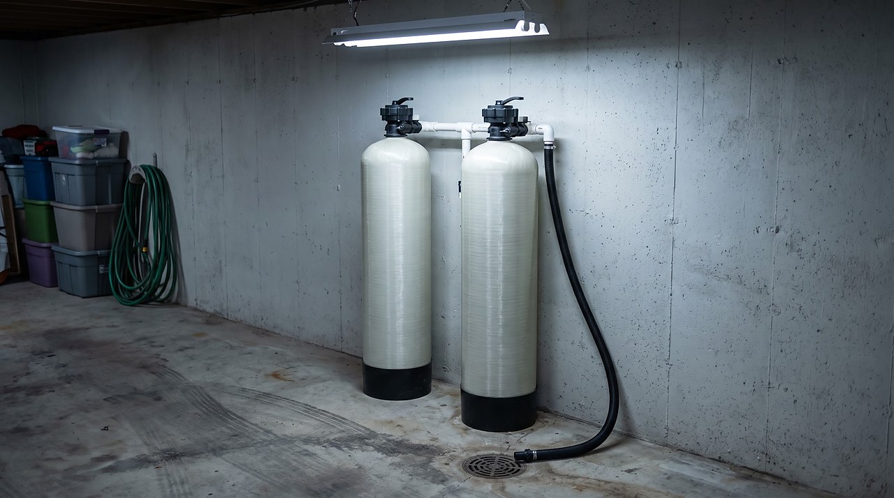 two narrow resin tanks installed side by side as a twin-tank softener in a garage