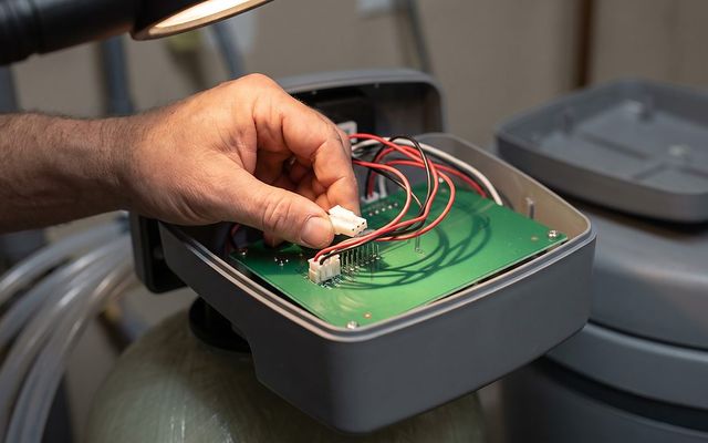 hand unplugging a small connector from a softener control board during a reset