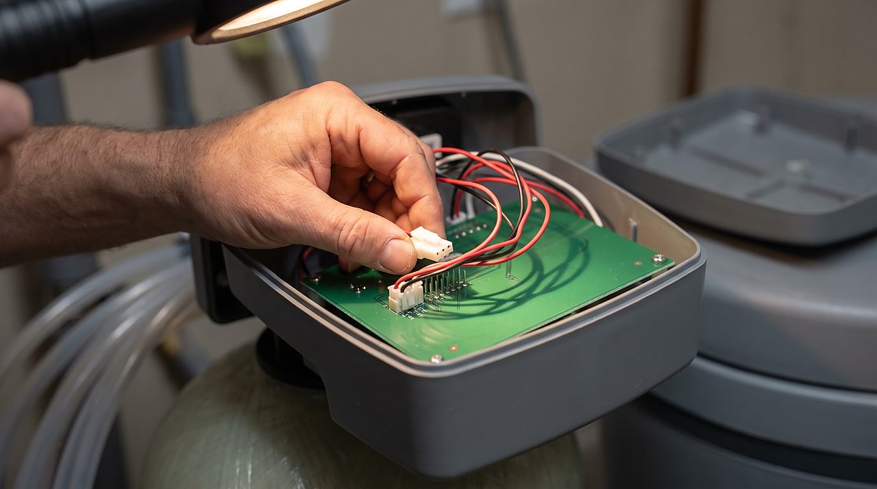 hand unplugging a small connector from a softener control board during a reset