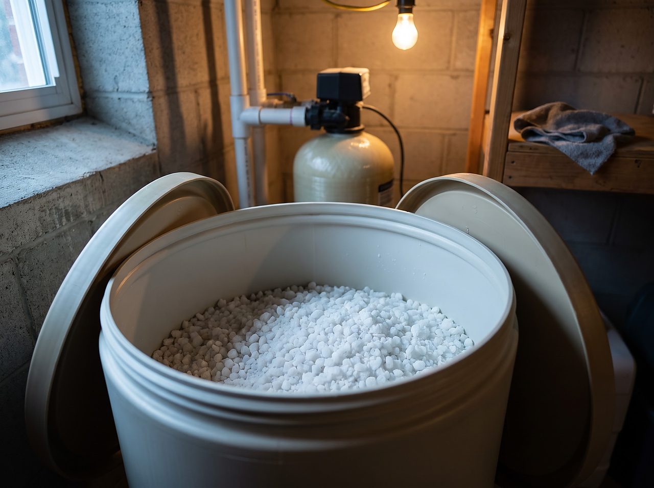 basement brine tank interior with salt filling about half of the tank's height
