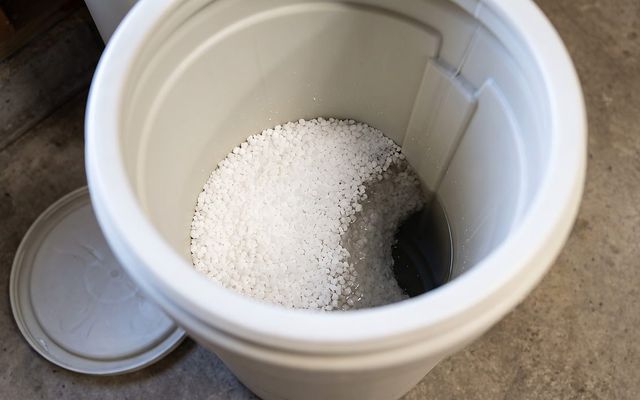 overhead view into a brine tank showing salt pellets sitting above the standing water line
