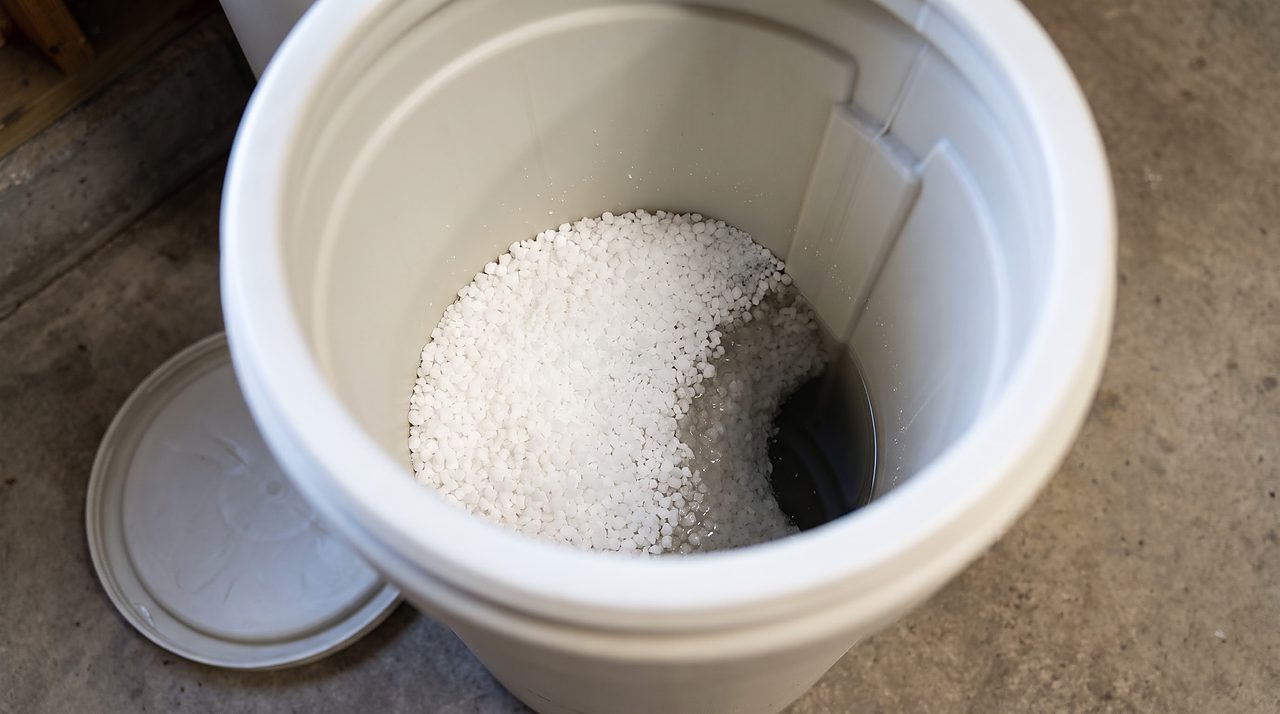 overhead view into a brine tank showing salt pellets sitting above the standing water line