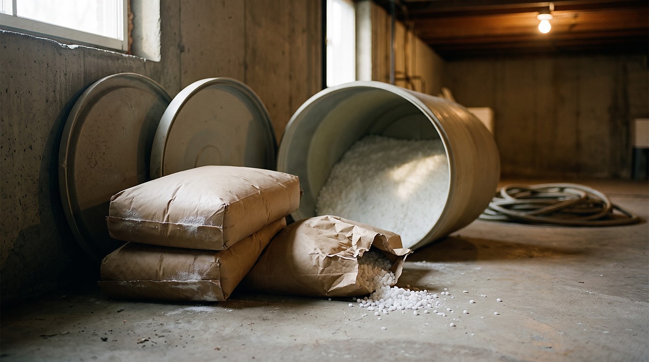 two plain salt bags beside an open brine tank showing a typical monthly restock