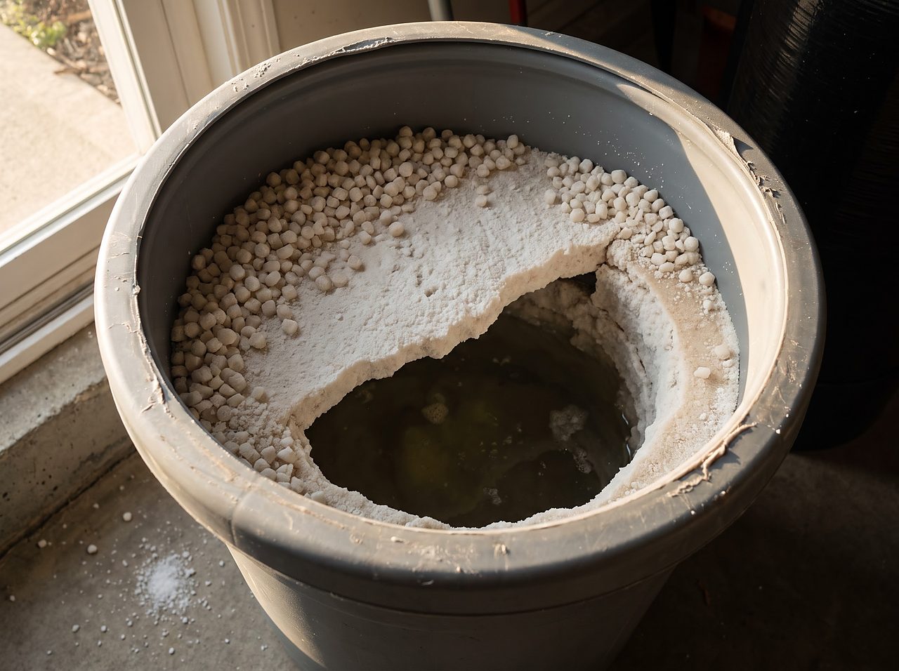 hollow salt bridge exposed inside a water softener brine tank cutting off brine contact
