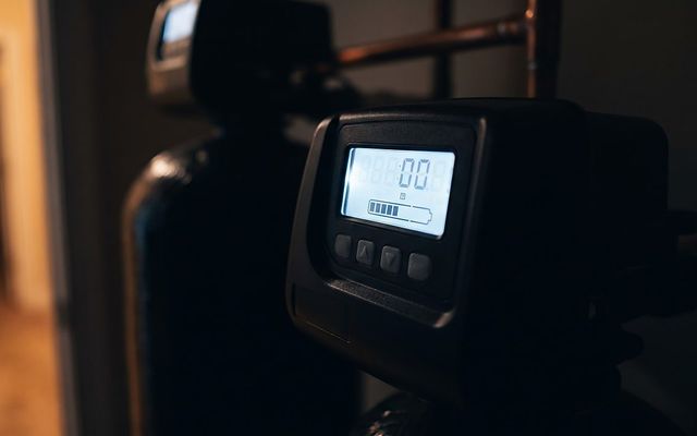 water softener control valve display glowing at night during an unscheduled regeneration cycle
