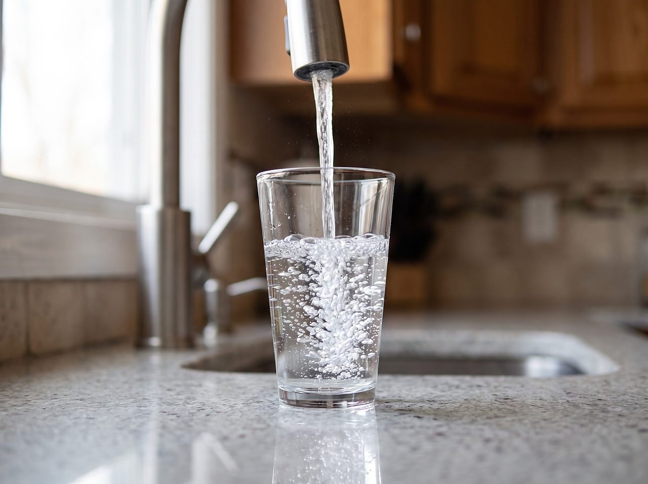 clear tap water filling a plain drinking glass at a kitchen sink