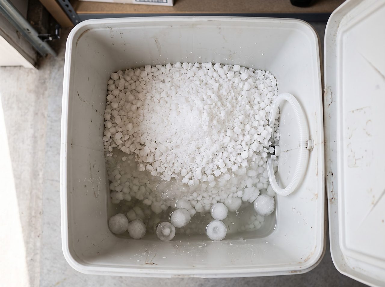 white salt pellets partly dissolved in brine water inside an open brine tank