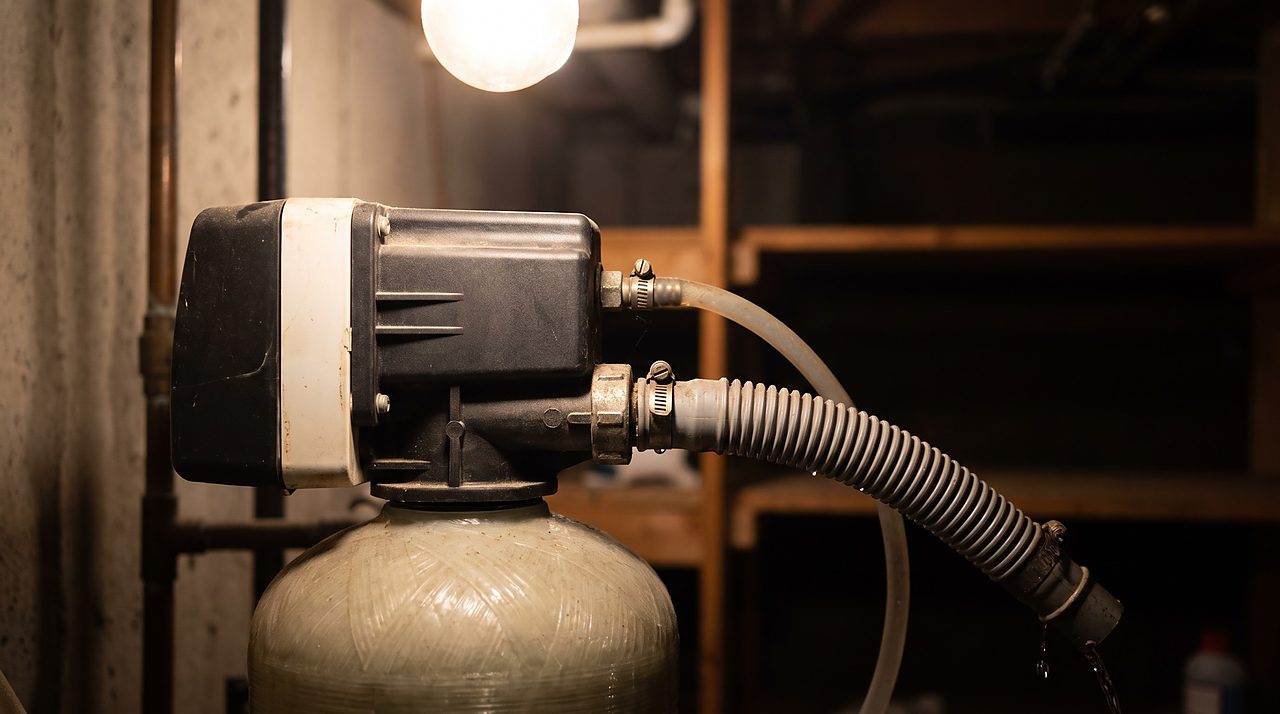 close-up of a control valve head with drain and brine hoses connected mid-cycle