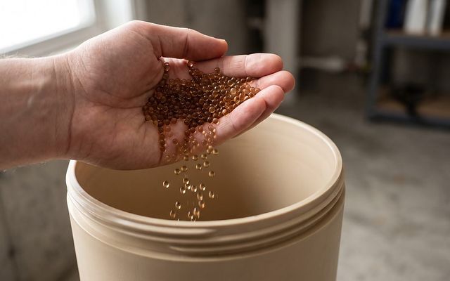 close-up of round amber ion exchange resin beads spilling from a mineral tank