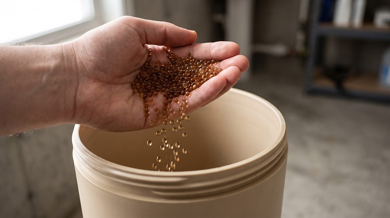 close-up of round amber ion exchange resin beads spilling from a mineral tank