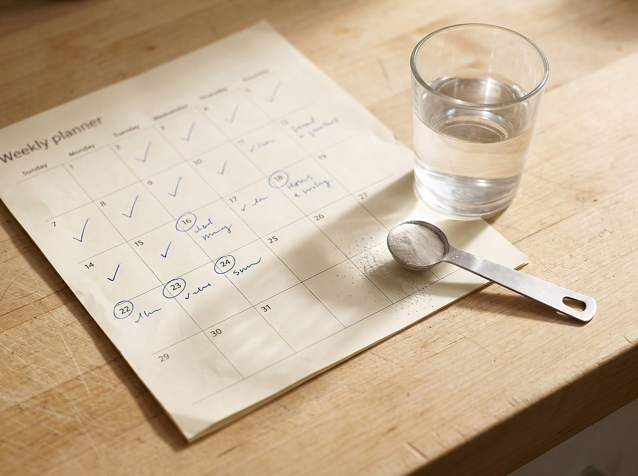 a marked calendar beside a measuring spoon of detergent on a counter