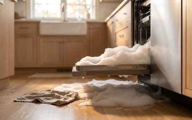 foamy suds overflowing from a dishwasher door onto a kitchen floor