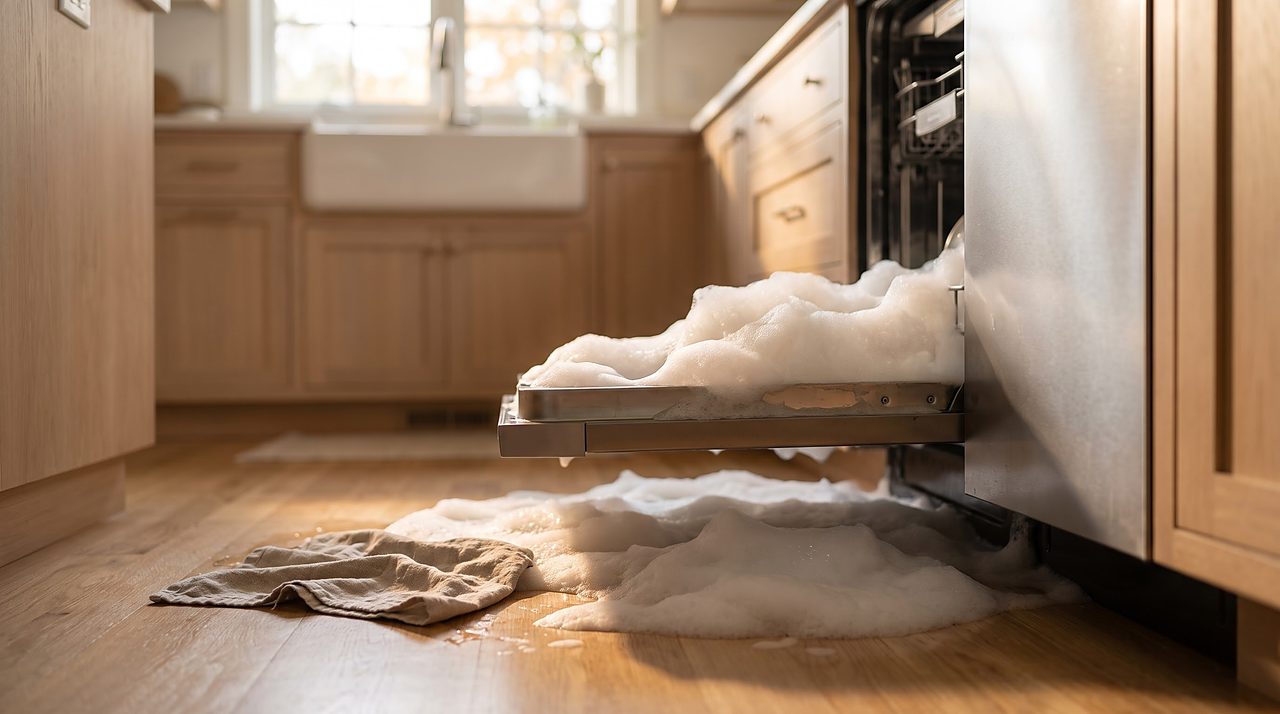 foamy suds overflowing from a dishwasher door onto a kitchen floor
