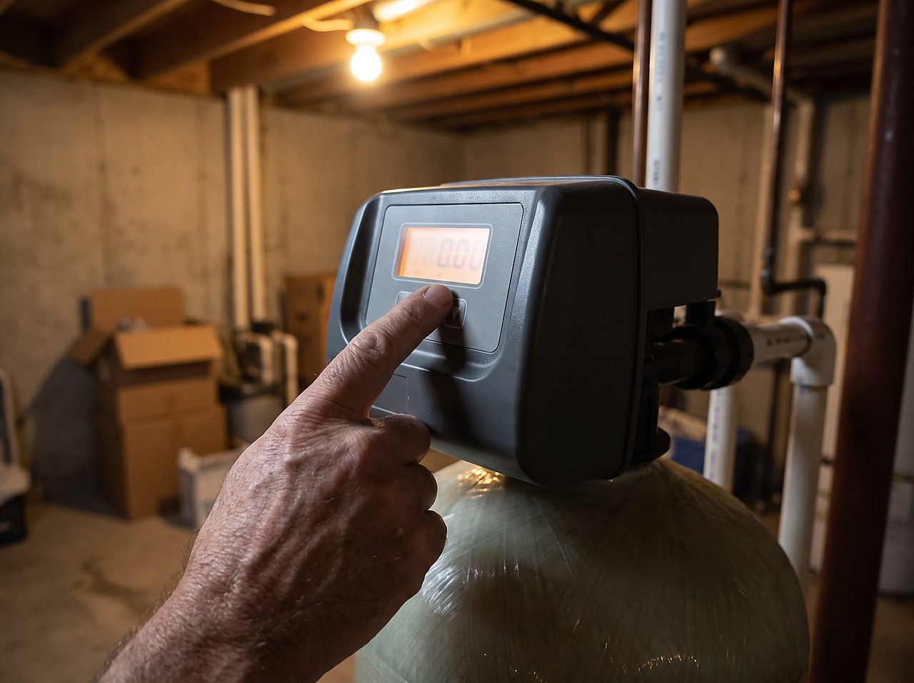 a hand checking a water softener control valve display in a basement