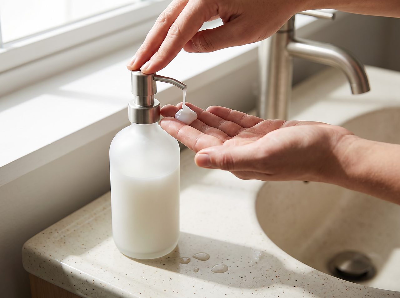 a small measured dab of hand soap being dispensed at a sink