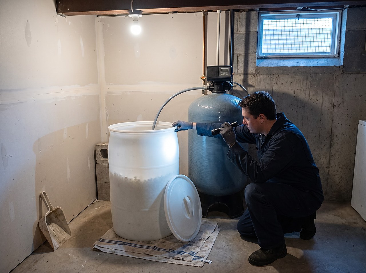 homeowner inspecting an open brine tank beside the resin tank with a flashlight