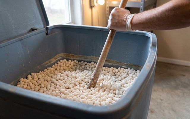 gloved hand pressing a broom handle into salt to test for a bridge