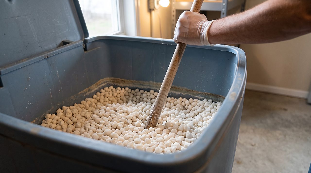 gloved hand pressing a broom handle into salt to test for a bridge