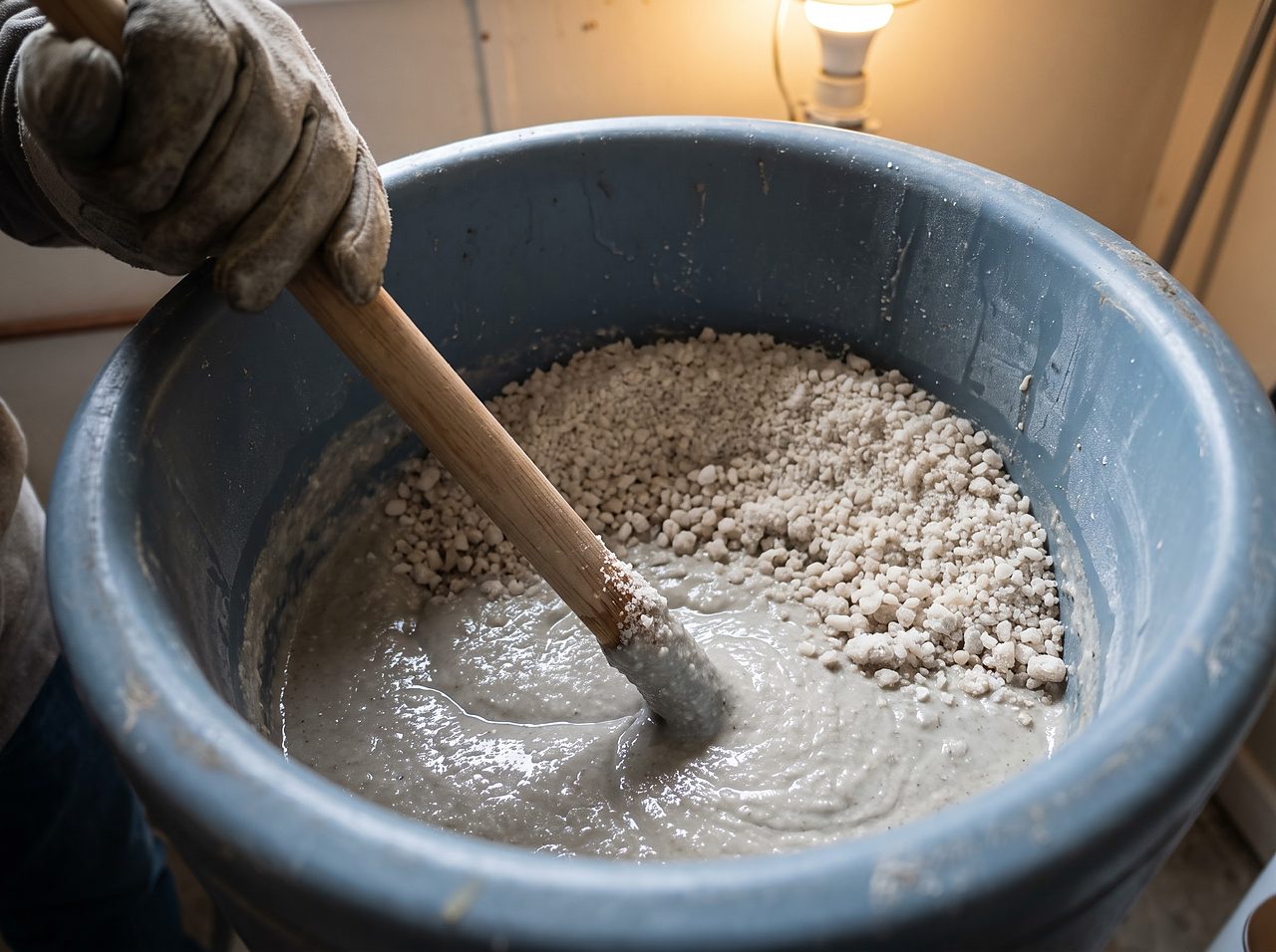 gloved hand pushing a broom handle into soft salt mush at the tank bottom