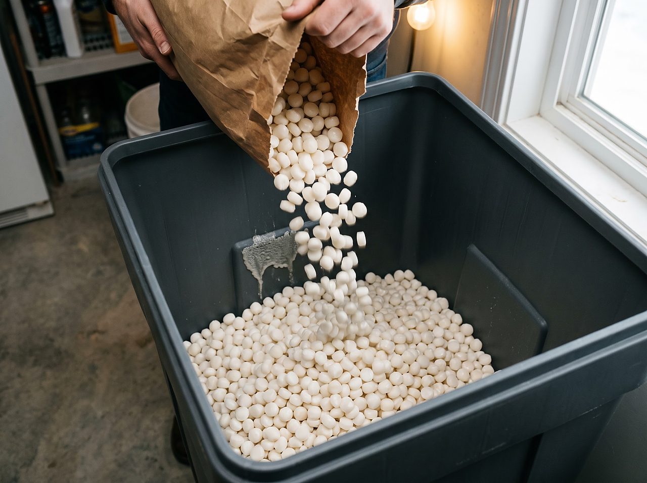 dense evaporated salt pellets poured into a cleared brine tank