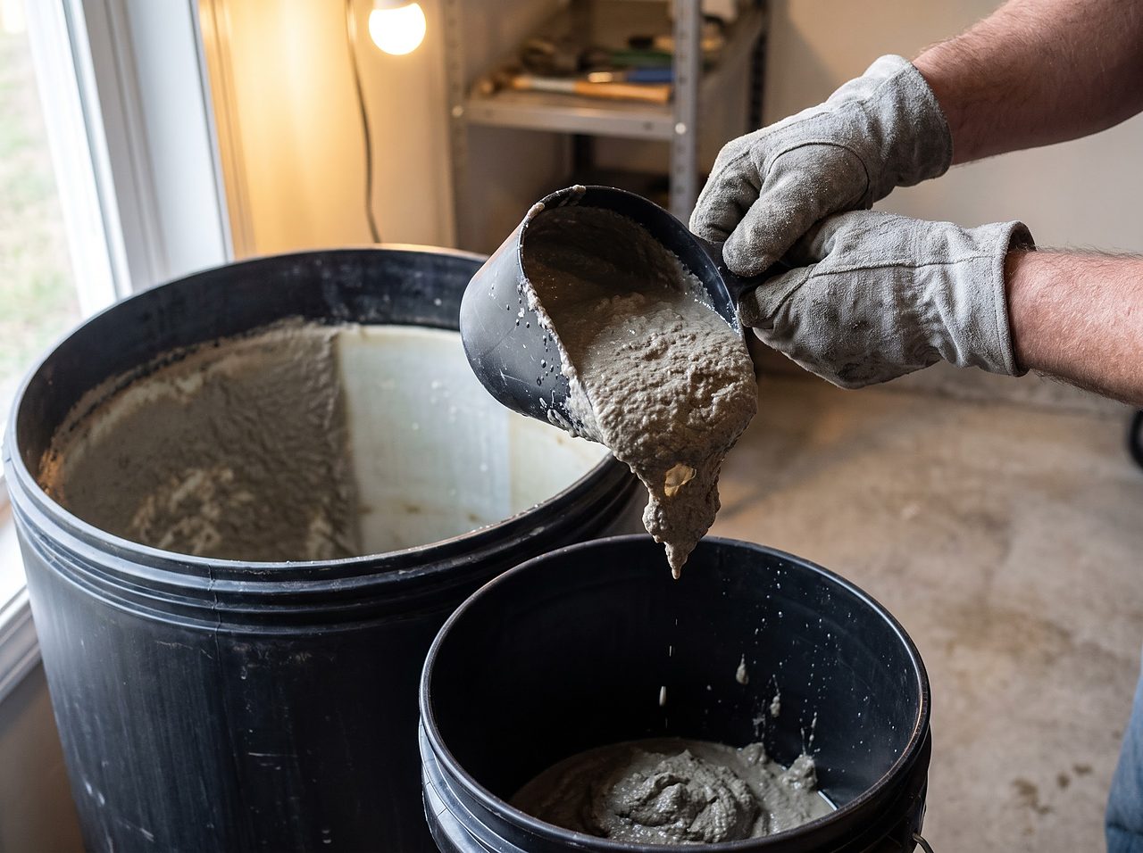 gloved hands scooping wet salt mush out of a brine tank into a bucket