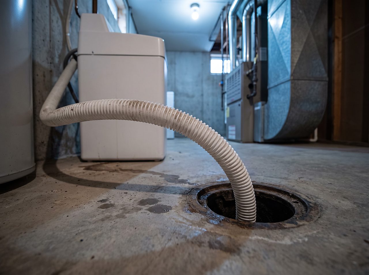corrugated drain hose from a softener cabinet running to a floor drain
