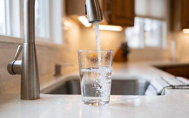 clear glass being filled with tap water at a kitchen sink faucet