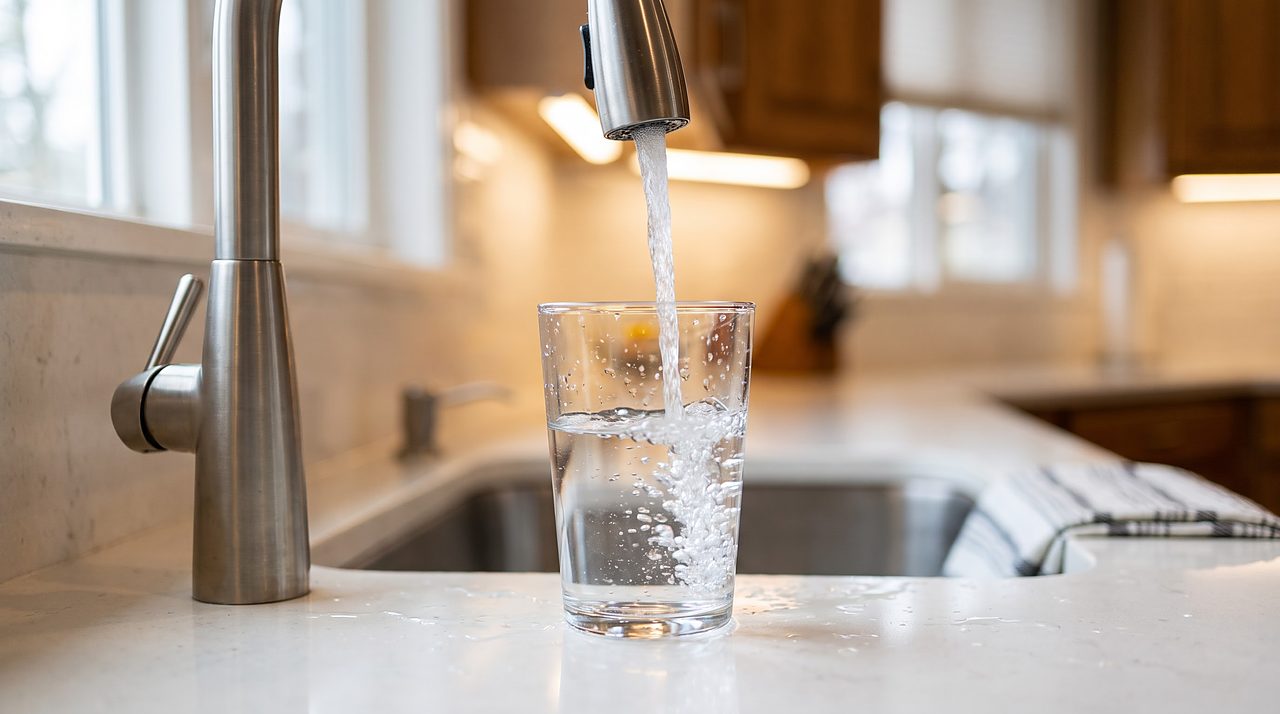 clear glass being filled with tap water at a kitchen sink faucet