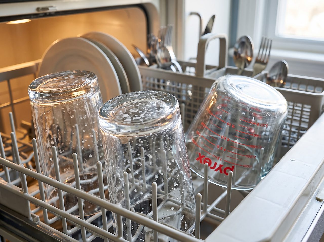clear drinking glasses covered in white hard water spots after a dishwasher cycle