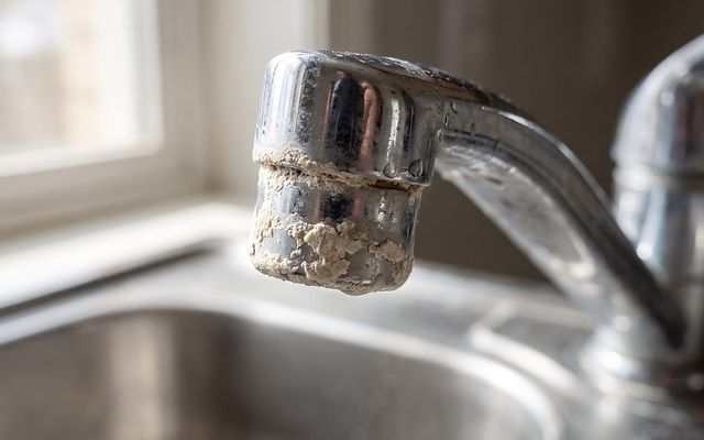 crusty white mineral scale ring built up around a kitchen faucet spout opening