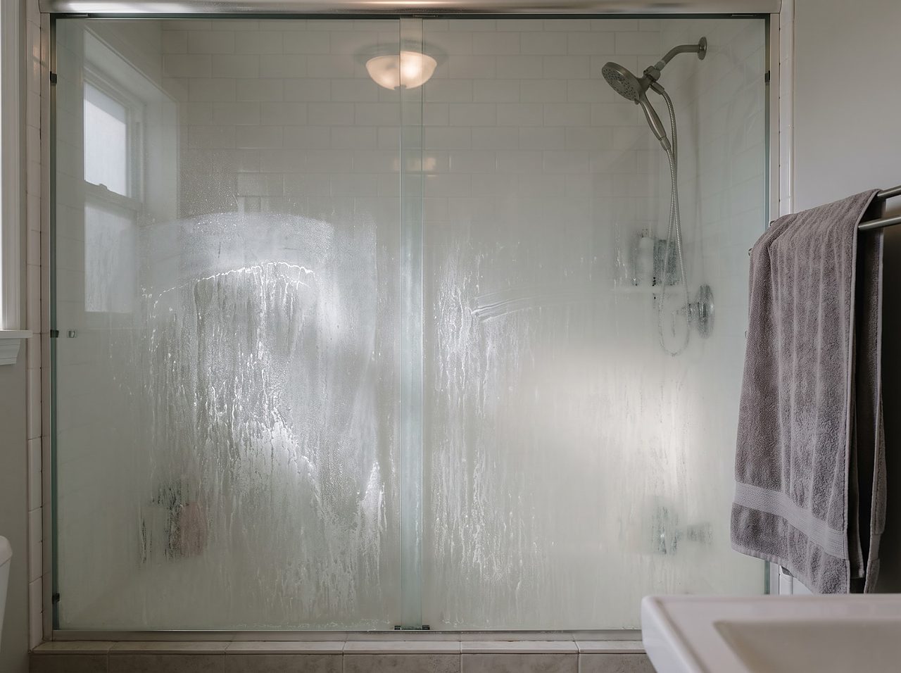 shower glass door coated in a permanent hazy white hard water film