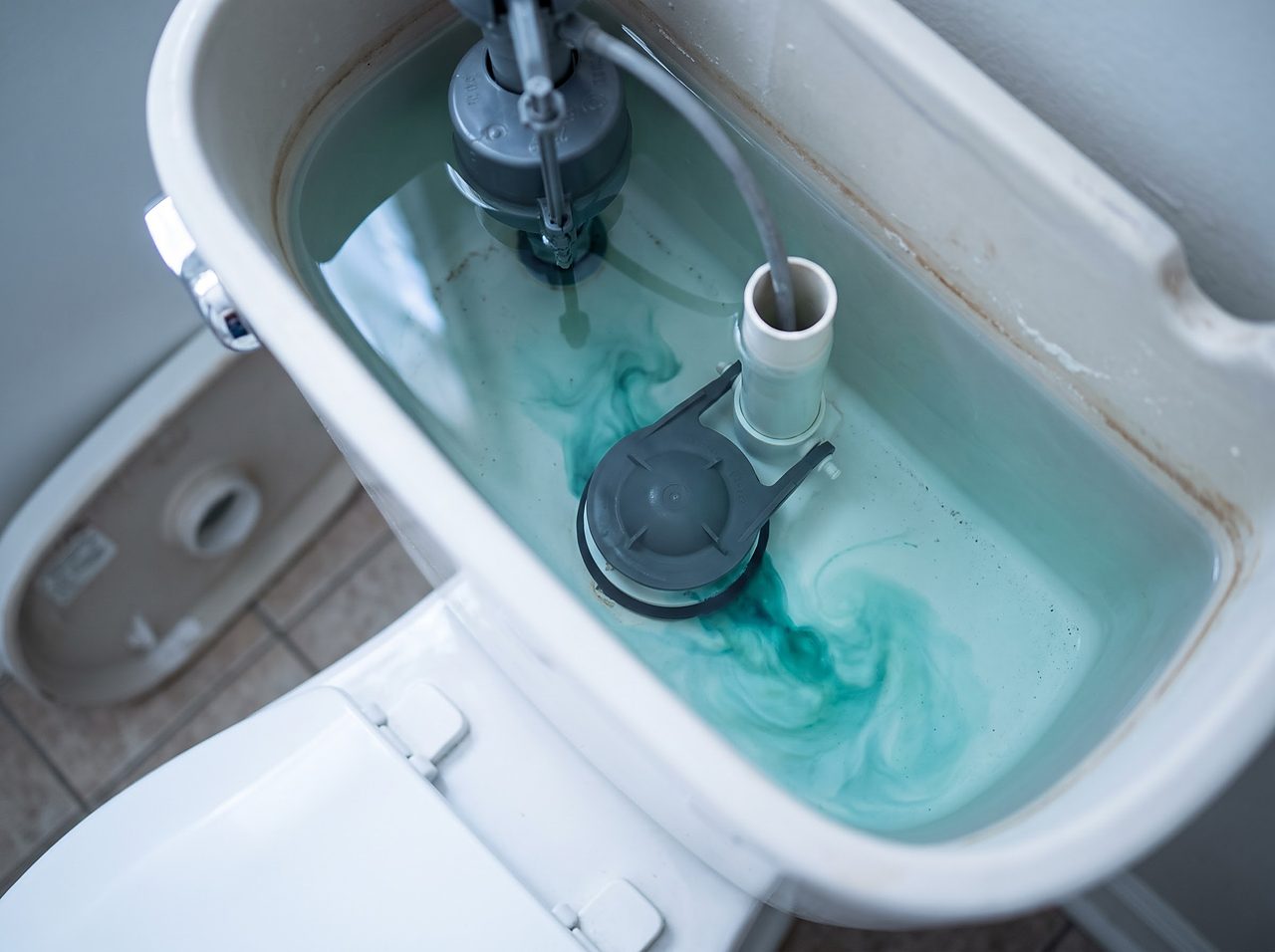 toilet tank dye test showing tinted water seeping past a worn flapper valve